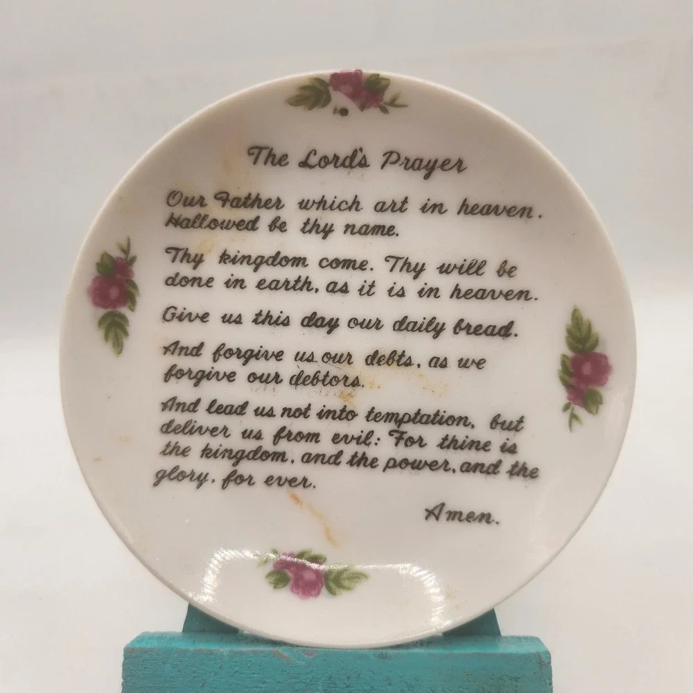 Vintage The Lords Prayer Miniature Decorative Plate Japan Pink Floral 4 Inch